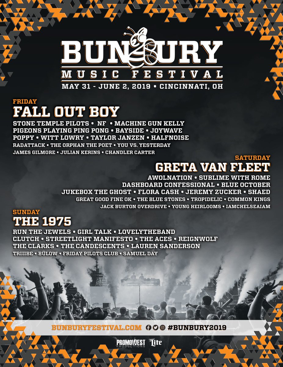 bunburyfestival's tweet photo. The Bees are Buzzing and the #Bunbury2019 Daily Lineup is here! Single day tickets go on sale Friday at 10 AM! Bee there! 
🐝 https://t.co/uPMum8mXnY 🐝 https://t.co/SFzRbArjqG