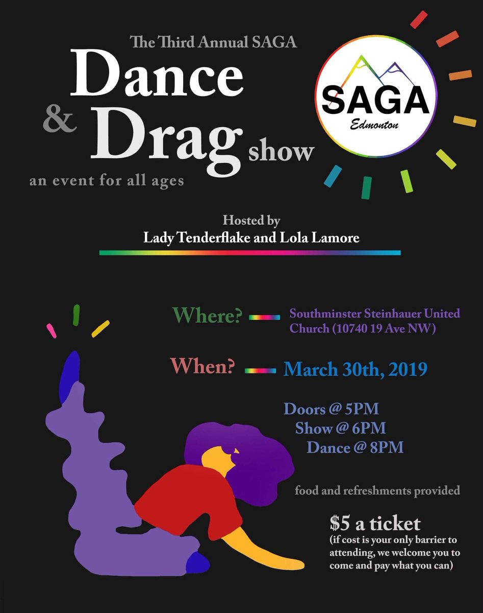 We’re just over 2 weeks away from the third annual All Ages SAGA Dance &amp; Drag Show! The fabulous Queens Lady Tenderlake and Lola Lamore are back to host this amazing show! We hope to see you all there!! #yeg #yegevents #yegpride #edmontonpride