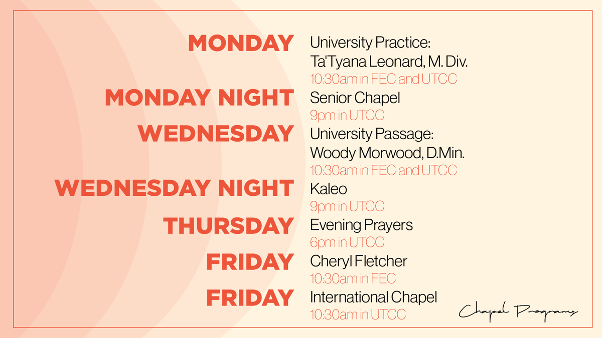 APUChapel's tweet photo. Hope you all had a restful spring break! Here's the chapel schedule for this week!! https://t.co/OARm4HIvP8