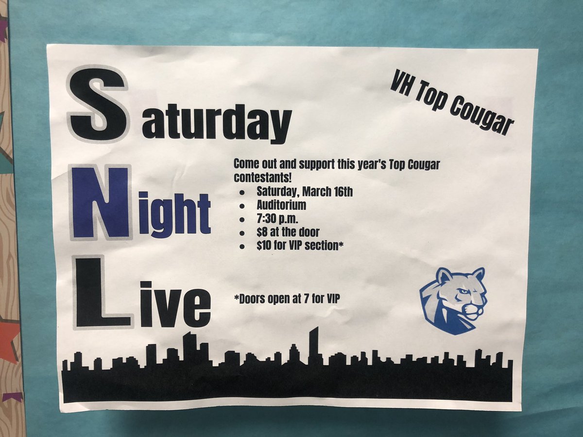 Top cougar is this Saturday!! Tickets will all be sold at the door. VIP tickets  cost $10 at 7pm. Normal admission tickets cost $8. Show starts at 7:30. Come to support your 2019 Top Cougar contests🐾💙