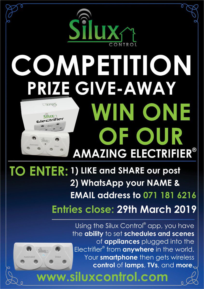 ControlSilux's tweet photo. #GIVEAWAY TIME!
#WIN Electrifier® by #SiluxControl.
To win simply:
- Like and Share this post.
- WhatsApp your name and email address to 071 181 6216.
- For an extra entry tag 3 of your friends.
T&Cs Apply. Giveaway is open till 29th March 2019. #homeautomation #smarthome https://t.co/N3B21f2jrB