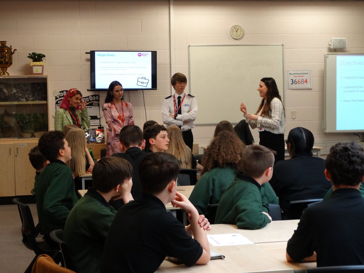 MeadowheadSch's tweet photo. It was great to see 3 of our former students back in school today!  They took part in workshops for some of our Y9s delivered by @FutureFirstOrg - helping to get our students to think ahead and how skills they learn in school now will help them get jobs in the future #Careers https://t.co/j52cjfKdXQ