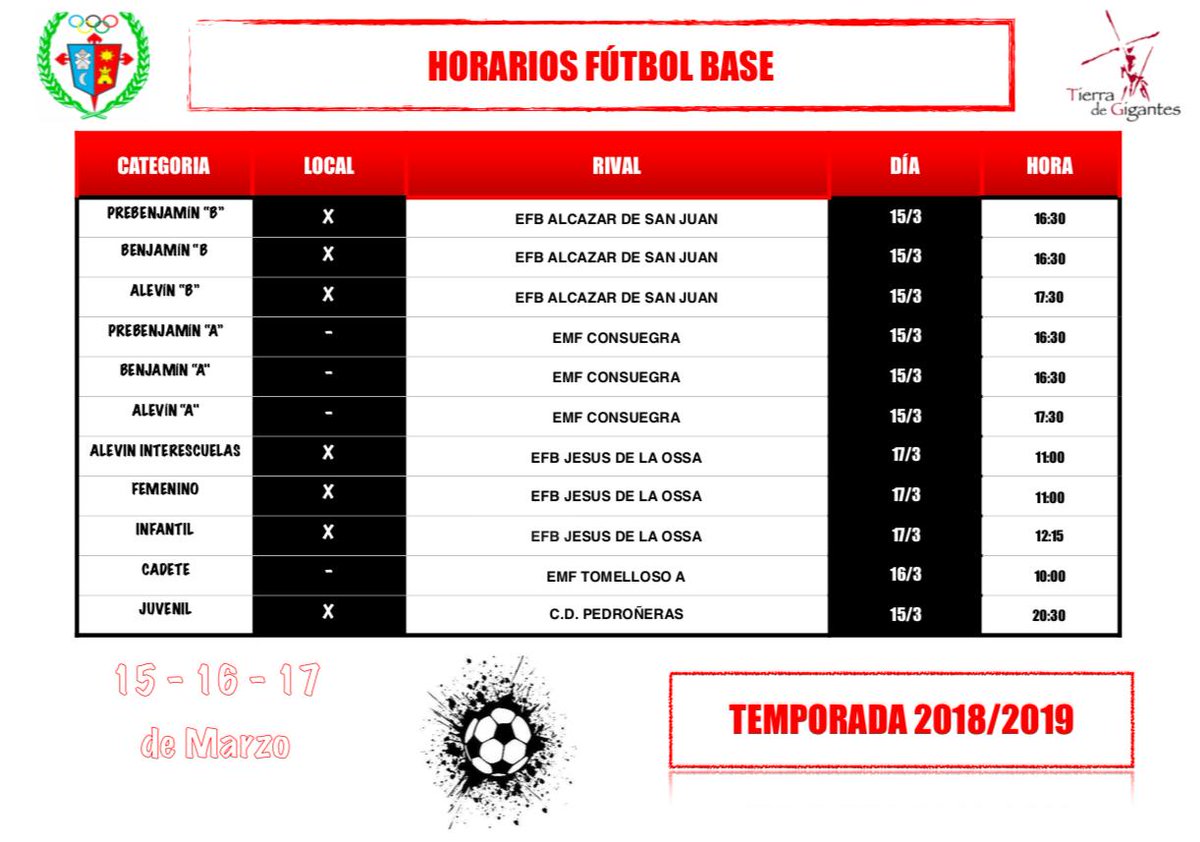 EmbCriptana's tweet photo. Horarios Competitivos 15-16-17 de Marzo

#escueladefutbol #formación #TierradeGIGANTES https://t.co/7IrKJTSybn