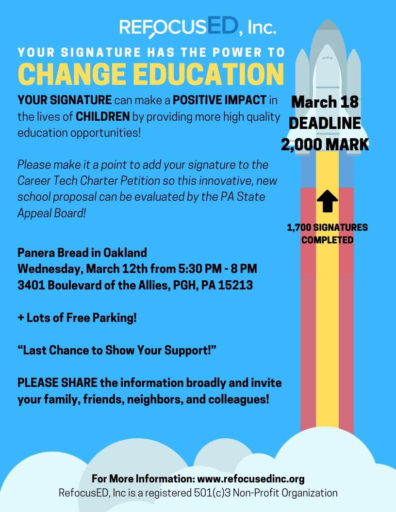cmucreatelab's tweet image. LAST CHANCE to sign the Petition for some good people working to build a better future for children, families, communities, and education in PGH
Wednesday, 3/12 - Panera - 3401 Boulevard of the Allies - 5:30 - 8:00 PM!

(Must live in the city/Pittsburgh Public School District)