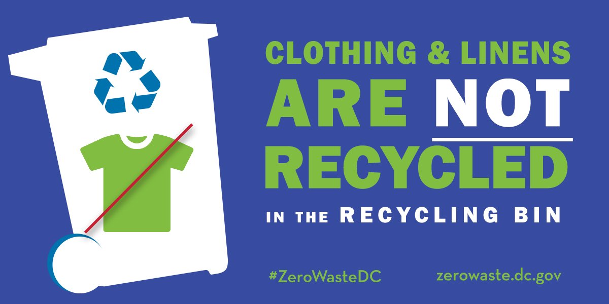 dczerowaste's tweet photo. Believe it or not, many people put clothing and linens in the recycling bin. Clothing & linens are NOT recycled when they're in the recycling and is a contamination issue at recycling facilities. See our #reuse directory to find donation options in the DMV https://t.co/lSlDq8ayve https://t.co/ICpixTyDsL