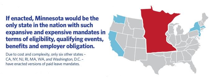 UnitedForJobs's tweet photo. REMINDER: If HF 5 becomes law, Minnesota will be an outlier with the most expansive, expensive leave mandate in the country. #mnleg https://t.co/AS28gZPweX