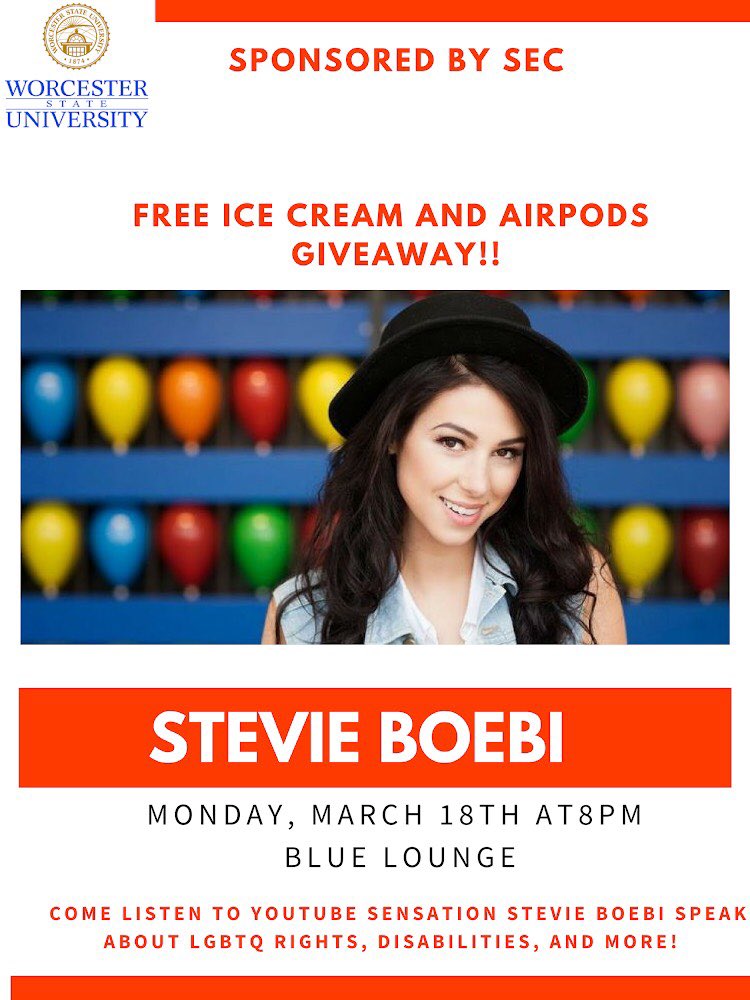 Less than a week until YouTube sensation Stevie Boebi comes to campus! Be sure to come to the Blue Lounge at 8PM to hear her story, have some ice cream, and be entered into our giveaway for a pair of Airpods! 🌈🍦