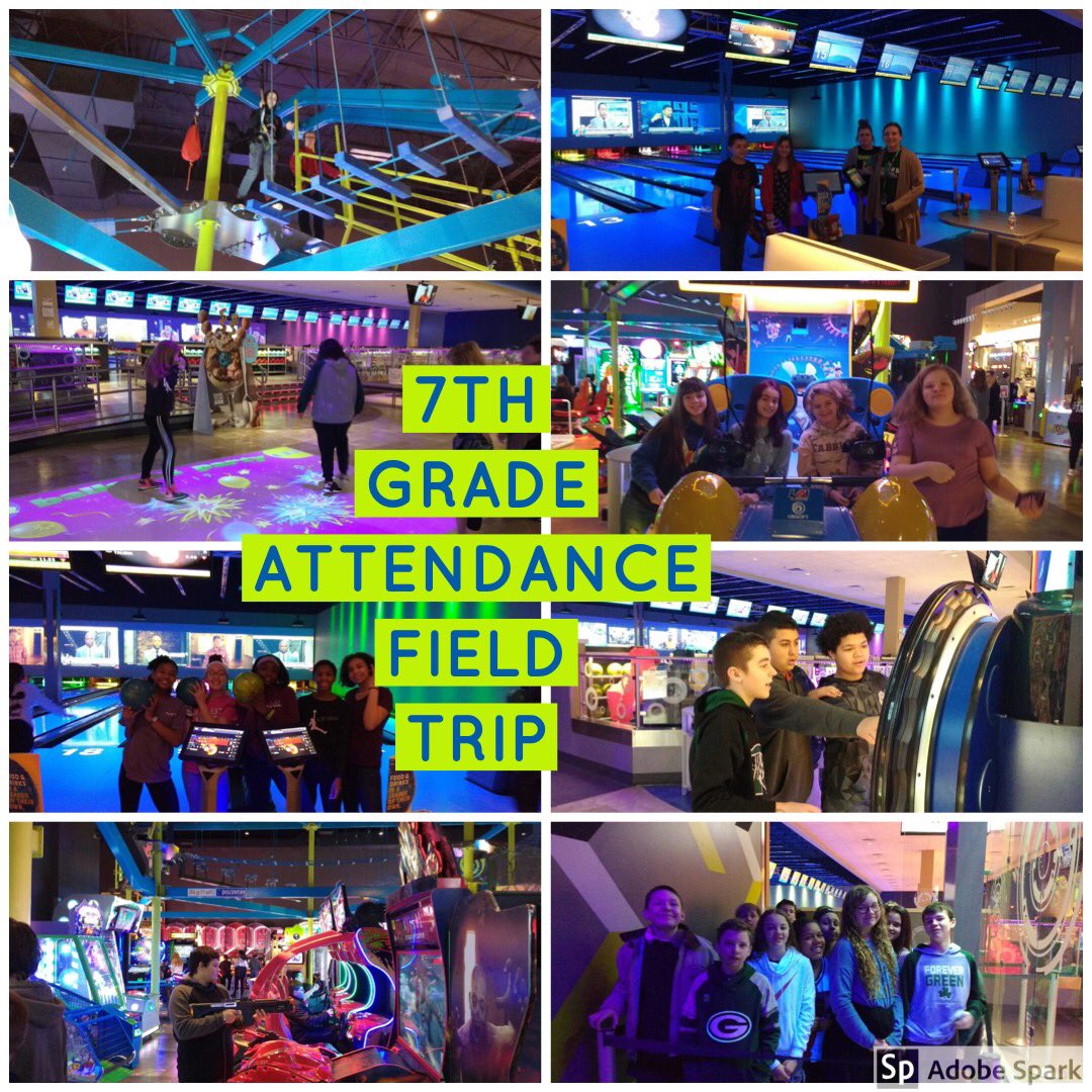 rmsbadgers's tweet photo. Our 7th grade class had the highest grade-level attendance average through January and February and were rewarded with an all-class field trip to Main Event today! Thanks for being here! Have fun! 🎮🎳🎟 #WhatWeDoux #StriveFor5StJoe https://t.co/fD79f94usa