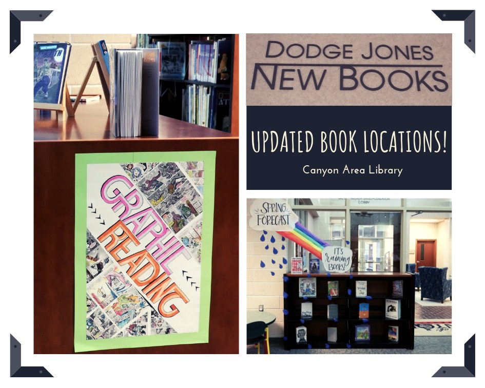 CanyonAreaLib's tweet photo. Come check out our updated locations for:
•Adult New Books
•Graphic Collection
•Book Display
#CanyonAreaLibrary #CanyonTXLibrary #CanyonTX https://t.co/qKUoL3V2Xn