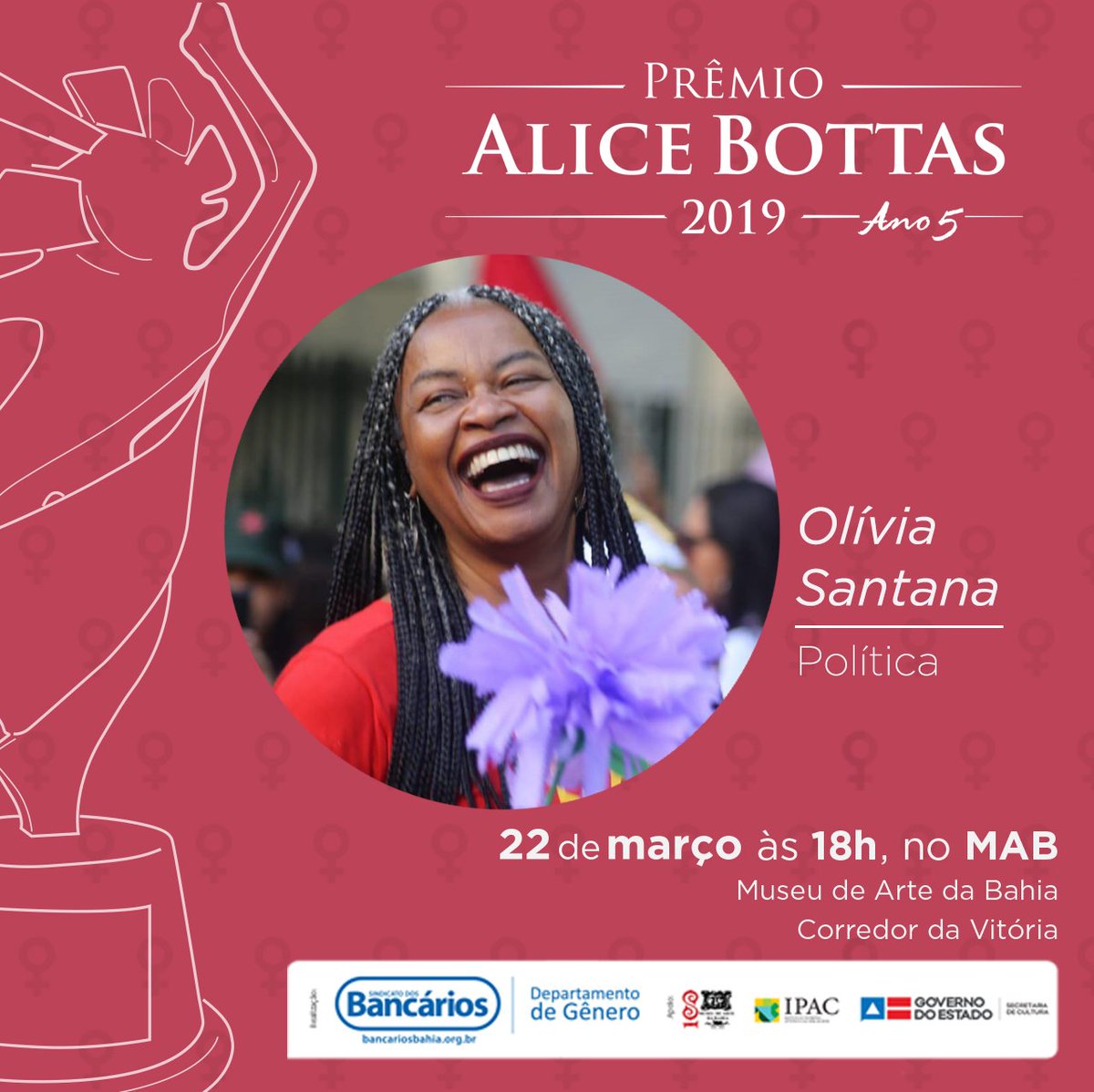 bancariosbahia's tweet photo. Representatividade importa sim!
Olívia Santana, primeira mulher negra a ocupar uma das vagas da Assembleia Legislativa da Bahia, é uma das homenageadas do Prêmio Alice Bottas.
Dia 22 de março, às 18h, no Museu de Arte da Bahia - Corredor da Vitória.
#ForcaDaMulher #AliceBottas https://t.co/WqHwvFTBIn
