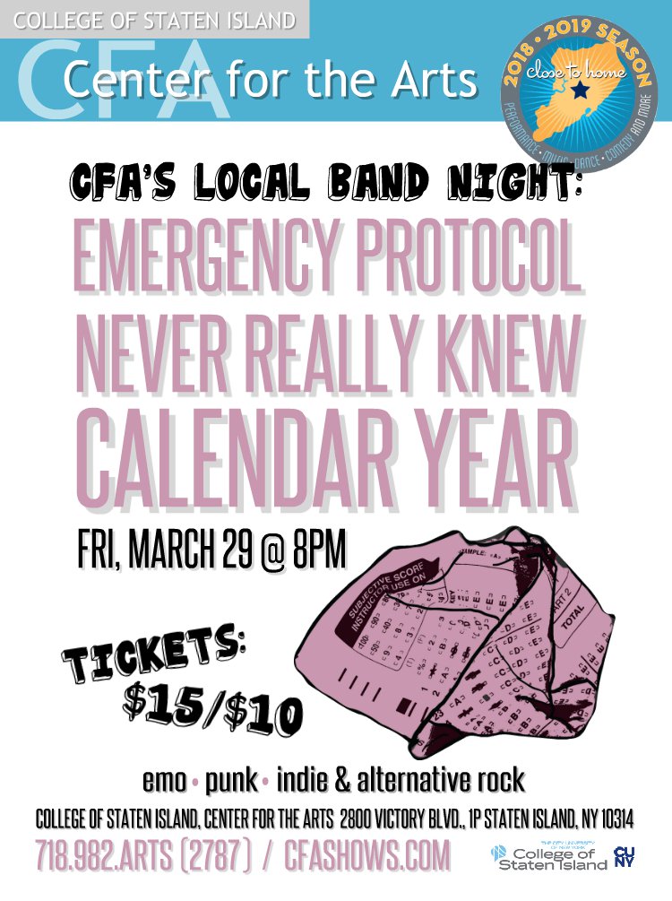 CFAatCSI's tweet photo. LOCAL BAND NIGHT Fri, March 29 @8pm @emergenprotocol @neverreallyknewband @calendaryearband #localbands @siadvance @SILiveAWE @CSIStudentLife #statenislandmusic #statenisland #livemusic #indierock 718.982.ARTS (2787) / https://t.co/luUAuaYdL3 https://t.co/WlLFu3JiFs