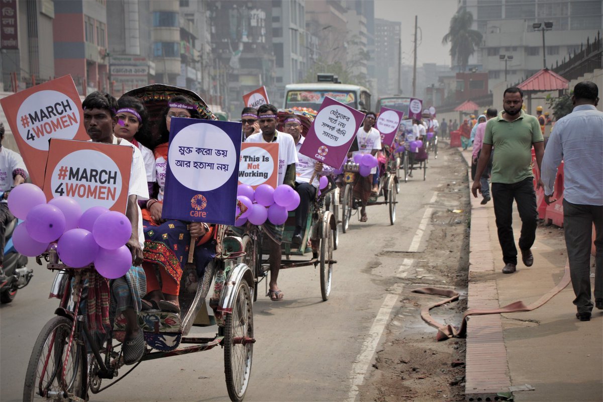 LottyRey's tweet photo. @CARE offices are continuing to #March4Women!  #CAREBangladesh line the streets on their rickshaws to highlight the need to stop gender based violence and harassment at work.  So much more happening across the month and across @CARE https://t.co/LQIdIrVee6