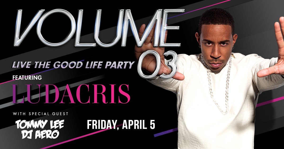 CasinoCoco's tweet photo. Get loud at our #Volume03 | Live The Good Life Party featuring @Ludacris with special guest @MrTommyLand & @DjAero on Friday, April 5! Tickets: https://t.co/NMmpO2kiGR 🎶 #LiveTheGoodLife #OnlyAtCoco https://t.co/o11EA8QjVo