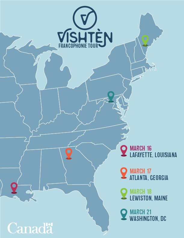 connect2canada's tweet photo. Save the date! Don't miss 🇨🇦@vishtenmusique's US #Francophonie tour: 

📍Lafayette, LA - @CelticBayouFest (3/16)
📍Atlanta, GA  - @RialtoCenter (3/17)
📍Lewiston, ME - @FrancoCenterME (3/18)  
📍Washington, DC - @librarycongress &amp; @kencen (3/21)

Tickets: https://t.co/QZW74C3bm7 https://t.co/JcpzgkDZDk