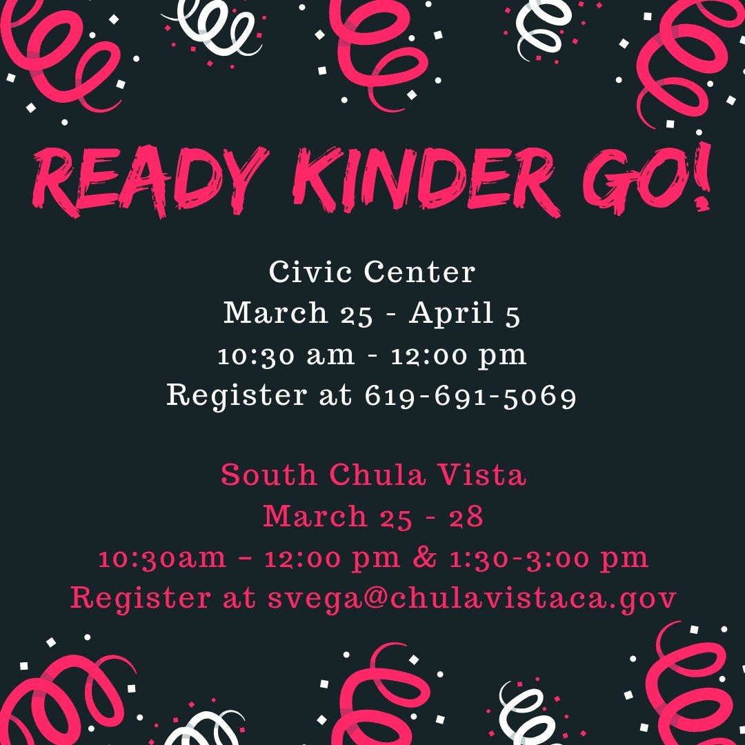 Registration is happening now at our Civic Center &amp; South Chula Vista locations for Ready Kinder Go! - a free Kindergarten readiness program for children ages 4 to 5. Children will participate in activities that foster social, emotional, cognitive &amp; fine/gross motor skills.