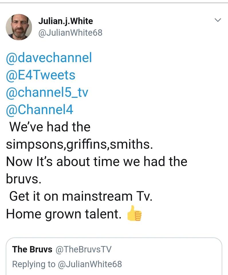 TheBruvsTV's tweet photo. Brit comedy cartoons, podcasts, songs, music + more. Supported by #celebs, #oscar-winning producer + great fans. 300,000+ minutes viewed worldwide. Is this a #fancampaign to get us on #mainstreamtv? @E4Tweets @bbcthree @itv2 @adultswim - Check us out - https://t.co/uBxV8d5RdT https://t.co/lqcFVzjGLf