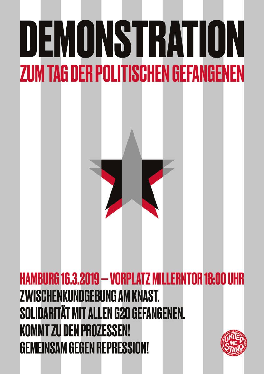 PRP_Hamburg's tweet photo. Am Samstag findet in #Hamburg anlässlich des Tags der politischen Gefangenen eine Demonstration gegen staatliche Repression statt.
16.03. | 18h | Millerntorplatz
Freiheit für alle politischen Gefangenen! #NoG20 #NoRepression https://t.co/GXzunBUDT1