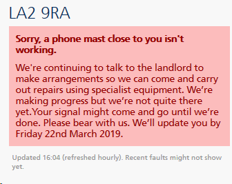 AdamMLaycock's tweet photo. Another week another update (date change) by @O2 It's been a couple of months now without phone signal in Caton and all O2 are doing is changing the date on the message to the next friday... https://t.co/avgb8b7jub
