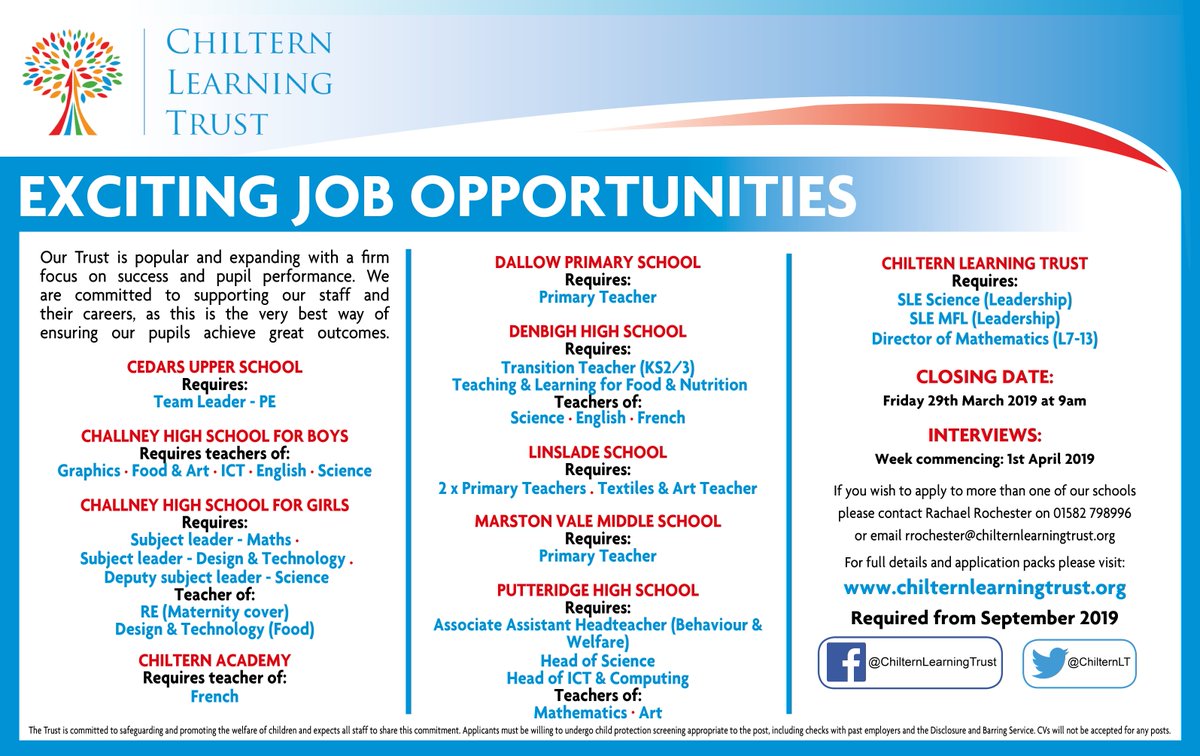 Our vision is excellence in all areas of school life, earned through hard-work, enthusiasm and encouragement. Do you possess a similar enthusiasm for excellence?  We're pleased to announce some exciting new opportunities <a href="/ChilternLT/">Chiltern Learning Trust - Bedfordshire</a>. bit.ly/CLTVacancies  #ChilternTeachingJobs