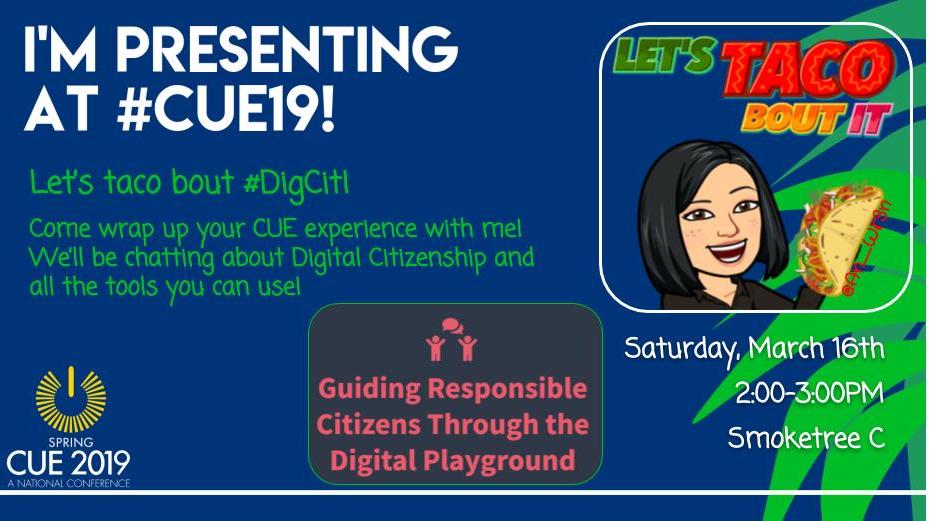 I'm presenting at CUE this weekend! Come see my session on #DIgCit on Saturday at 2:00PM. It's going to be a good one! #ggusdtech #csufedtech #LAX18 springcue2019.sched.com/event/IgHG/gui…