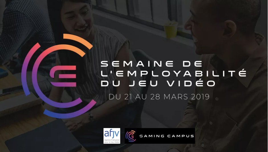 GamingCampus's tweet photo. Annonce : création de la Semaine de l'Employabilité du Jeu Vidéo avec l'AFJV. 1 semaine de contenus &amp; rencontres pour sensibiliser les jeunes à l'emploi dans le secteur du Jeu Vidéo. Ateliers, Keynote, Pitchs, Meeting. Programme + inscriptions entreprises https://t.co/CzDzPE3ydk https://t.co/2ZYNPHMHz8