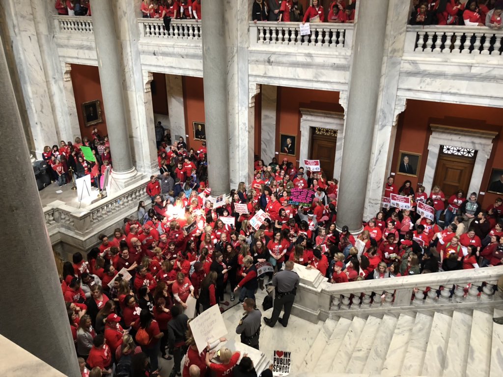 mandy_mclaren's tweet photo. Scene outside the Kentucky House chambers as it reconvenes for the first of three days this week. 

Intermittent chants can be heard from House floor. #kyga19 https://t.co/2KLcrTIusS