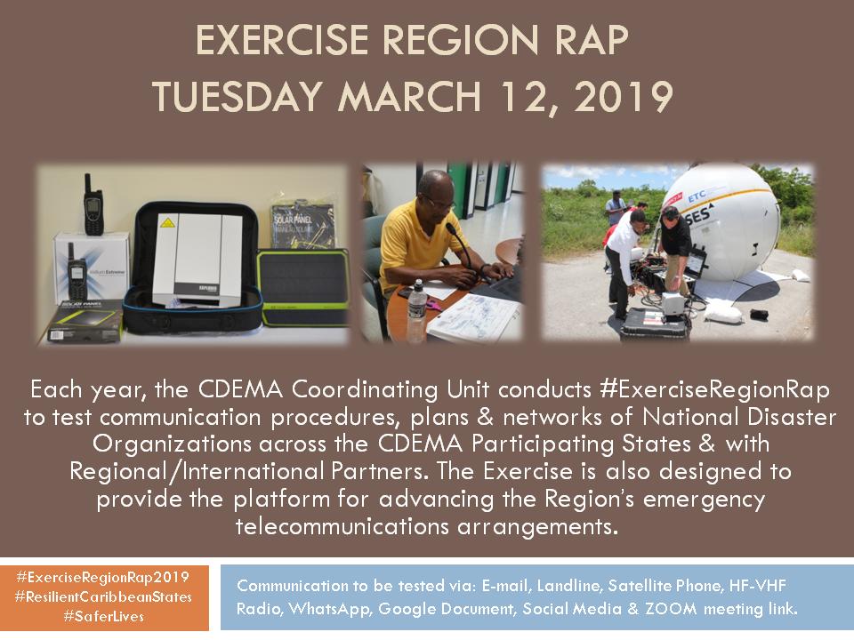 cdemacu's tweet photo. Exercise Region Rap 2019: CDEMA's Emergency Telecommunications Exercise between the CDEMA Participating States and Regional Response Mechanism Partners. Are you following? 
#Exerciseregionrap2019 #CDM #CDEMA https://t.co/zGbI7wYIap