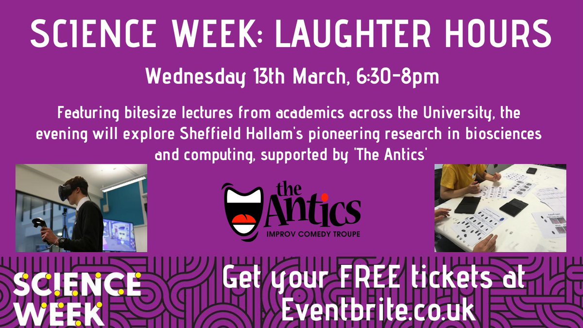 SHUOutreach's tweet photo. Do you have any plans tomorrow evening? You do now! Grab yourself a free ticket to our research and comedy event - Science Week: Laughter Hours https://t.co/YqfpzSi9oF #ScienceWeek2019 #BSW19 @sheffhallamuni @ScienceWeekUK https://t.co/9RMHWkd8Cy