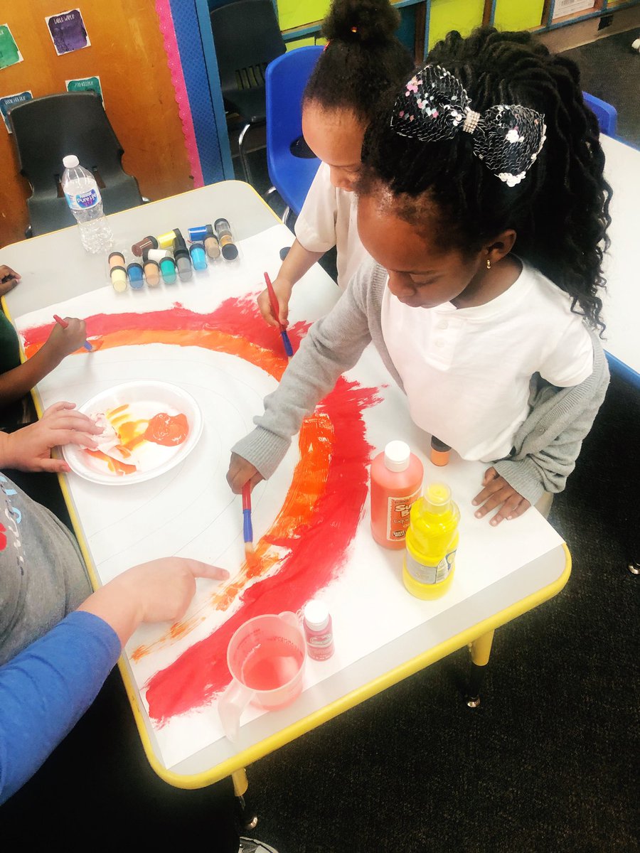 PeterCrumpElem's tweet photo. Preschool students in Mrs.Ellis inclusion class created a rainbow and pot of gold this week. The class has been working on mixing colors to make new colors and identifying colors by mixing paints and dotters. @MPSAL #MPSMovingForward https://t.co/Vh0XM57JYt