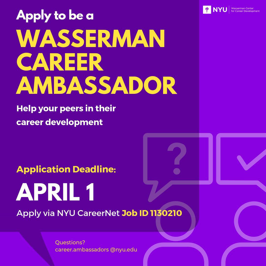 NYUWasserman's tweet photo. Wasserman Career Ambassadors (WCAs) take an active role in their own career exploration, model professionalism, and encourage NYU students to actively engage in their individual career development. To learn more and apply, visit NYU CareerNet search for Job ID: 1130210 https://t.co/LD8pg7dmRj