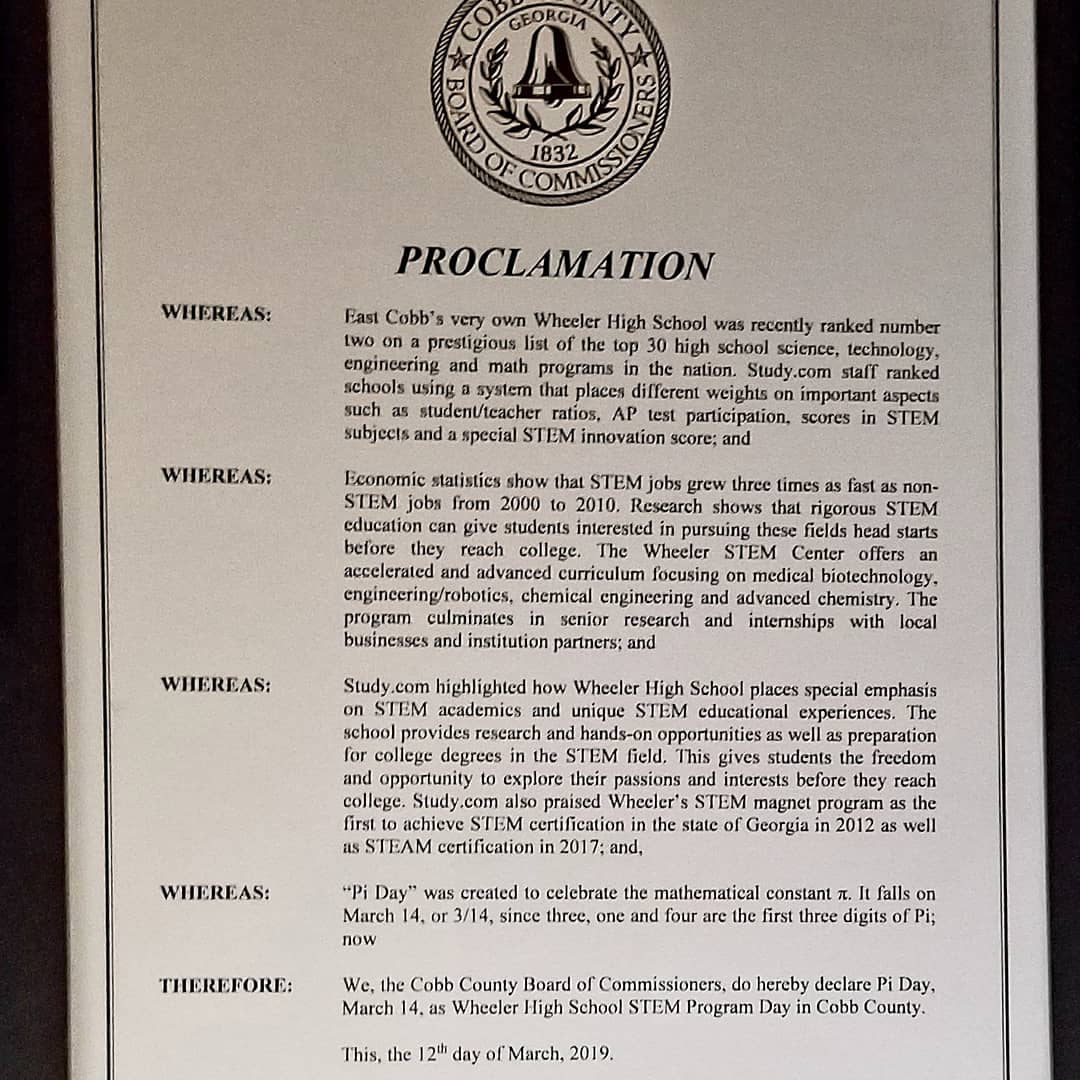 _KellPrincipal's tweet photo. Incredible honor from the Cobb Commissioners today! A Proclamation...
“We, the Cobb County Board of Commissioners, do hereby declare Pi Day, March 14, as Wheeler High School STEM Program Day in Cobb County"
Wheeler's success is a collaborative effort of our entire community! https://t.co/JkDES7SR58