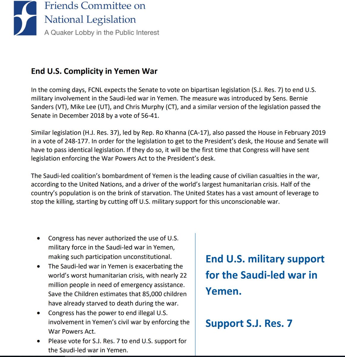 mgconnolly's tweet photo. Cal your senators today.  Ask them to support SJ Res. 7. Last month, the House passed a resolution calling for an end to US support for the Saudi-led war in Yemen. SJ Res 7 is a companion resolution which is likely to be voted on in the next few days. Here's @FCNL ask https://t.co/7EfEu3YdoY