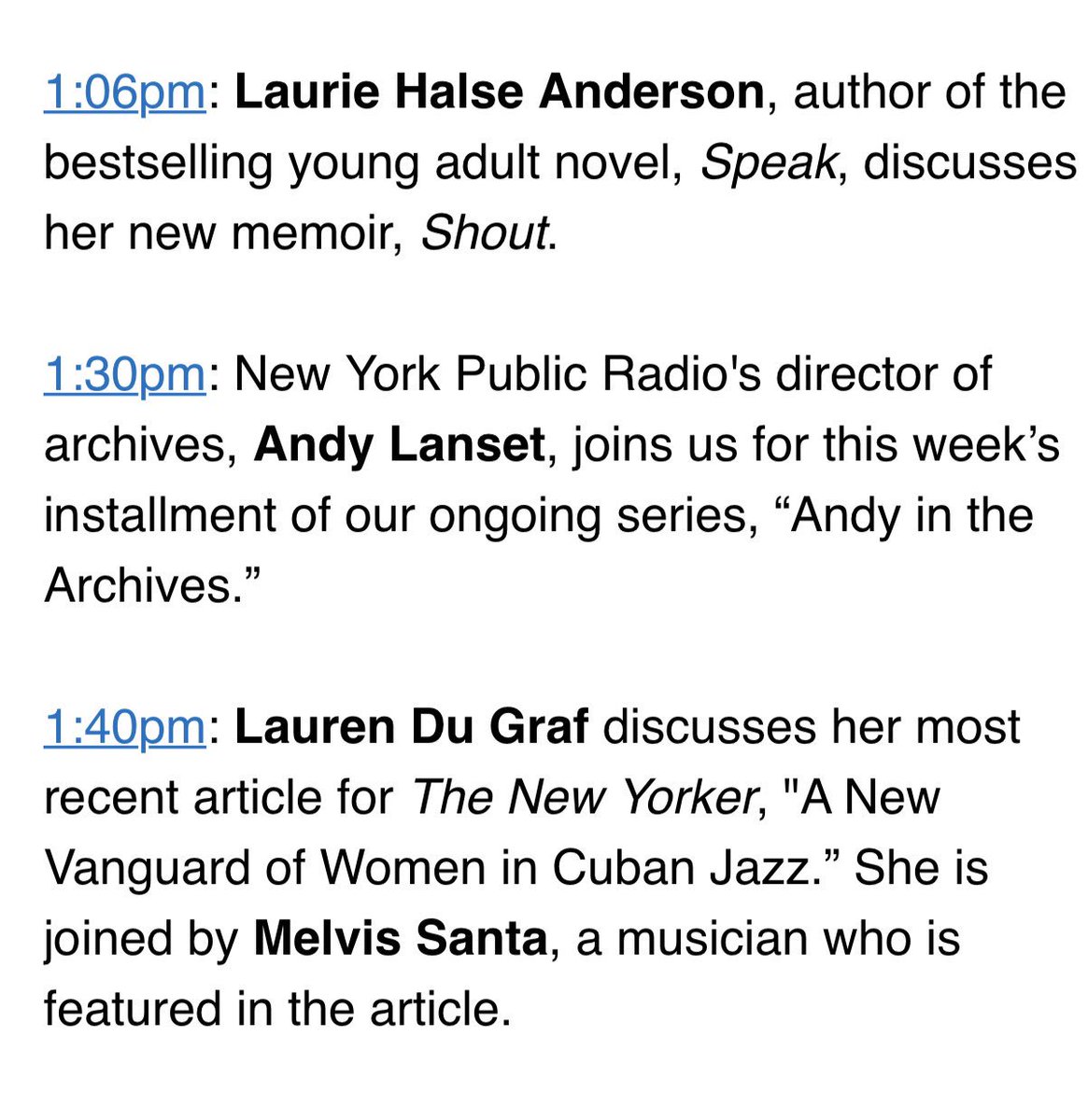 AllOfItWNYC's tweet photo. Today’s 1pm hour⬇️:
#lauriehalseanderson @WNYCarchives #laurendugraf #melvissanta #cubanmusic https://t.co/pccsKSMeQP
