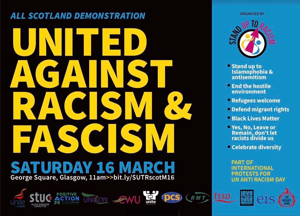 EIS (@eisunion) on Twitter photo Saturday 16th March is Anti-Racism day. Join us and send a message, Scotland is against Racism and Fascisim. <a href="/SUTRScotland/">Stand Up to Racism - Scotland</a>
George Square, Glasgow set off at 11am Saturday 16th March is Anti-Racism day. Join us and send a message, Scotland is against Racism and Fascisim. <a href="/SUTRScotland/">Stand Up to Racism - Scotland</a>
George Square, Glasgow set off at 11am