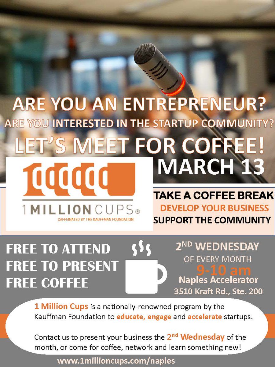 1MillionCupsNPL's tweet photo. 9-10AM WEDS
#1MCNaples features 2 #SWFL #startups, @InfinitePouches, an #herbal, #NonAddictive #MentalHealth #supplement to reduce #anxiety & @shellyaristi's #TheCinchIt transforms #clothing & makes you #LookSlim.
Coffee by Bean to Cup, #ENaples. Sponsor: https://t.co/mhDGhbg96i https://t.co/2hRpCUUIfs
