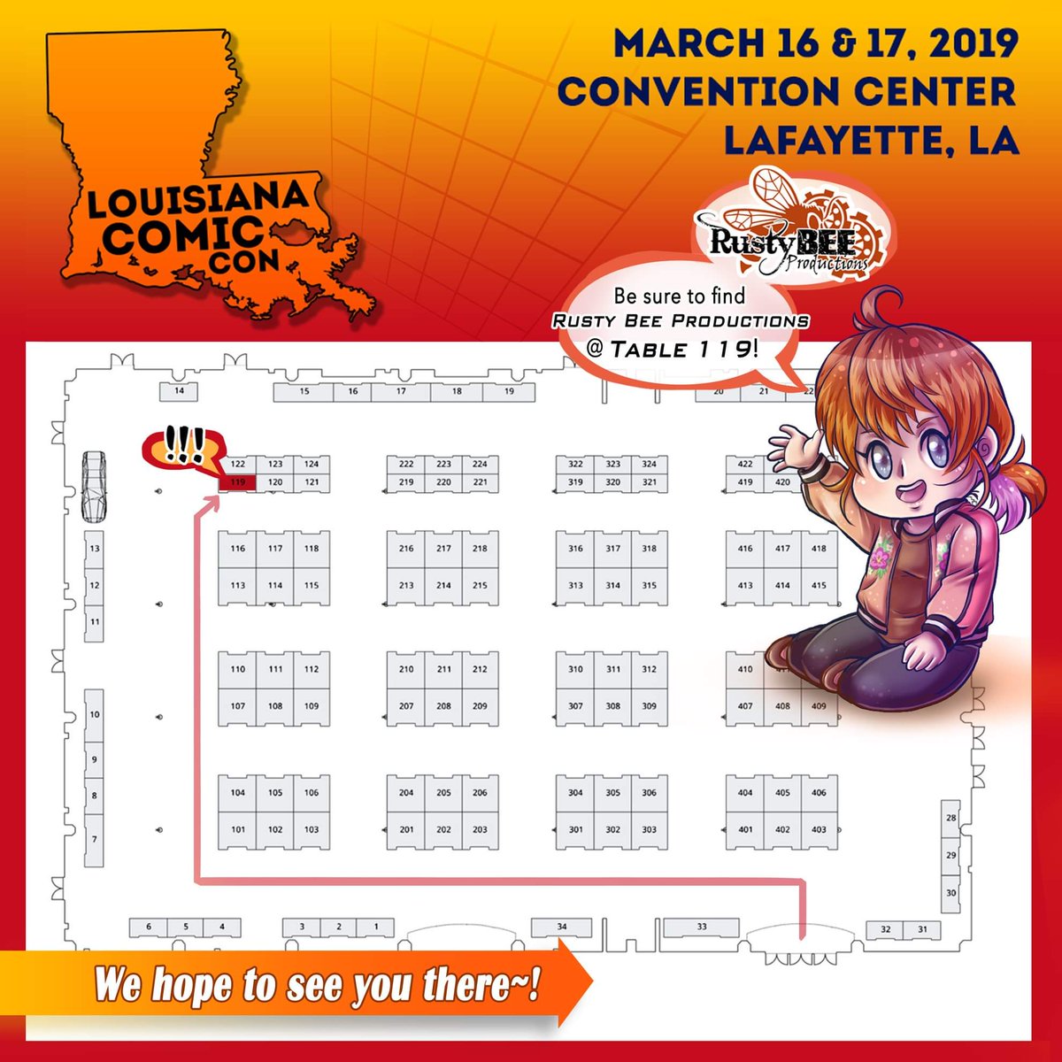 zabkazee's tweet photo. Hello everyone! Just a formal announcement, but I'll be having an artist table at #louisianacomiccon2019 this weekend!~ You can find #rustybeeproductions at Table 119 in the left, back corner of the convention hall. π
Looking forward to this weekend!~ π #louisianacomiccon https://t.co/6ikRxDm6Z8