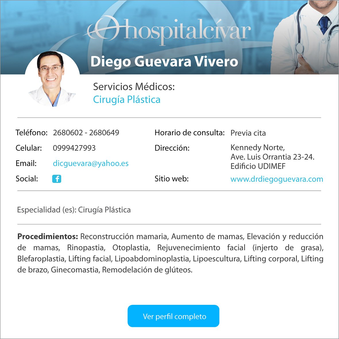 HospitalAlcivar's tweet photo. Nuestros especialistas: Dr. Diego Guevara. Especialidad #CirugíaPlástica en manos de expertos.
@HospitalAlcivar #aumentodemamas #rinoplastia #otoplastia #rejuvenecimientofacial #Blefaroplastia #liftingfacial #Lipoabdominoplastia #lipoescultura #Liftingcorporal #ginecomastia https://t.co/eRJOs36Tsg