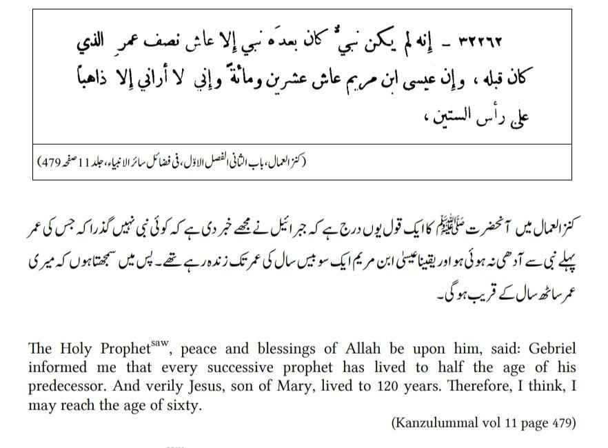 Hadith 3: “Indeed Jesus Son of Mary, lived to 120 years”This hadith is mentioned in Kanzul Ummaal, a book of ahadith. Similar ahadith are quoted in other books of hadith and tafaaseer as well.