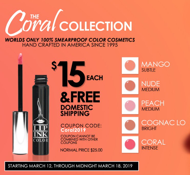 LipInk's tweet photo. Presenting our Weekly Sale! Our Coral collection is 15$ each when you use Coral2019 at checkout!
#lipink #smearproof #vegan #kosher #organic #natural #cosmetics #vegancosmetics #crueltyfree #beauty #naturalbeauty #lipstick #moisturize #yourbestfaceforward #istamakeup #coral https://t.co/lLbMfmCoSc
