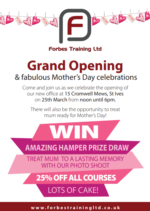 ForbesTraining's tweet photo. Office opening and Mother's Day celebrations - https://t.co/wfLiG9DCZM Join us on 25th March for celebrations and free cake! https://t.co/HDqmHR5nKB