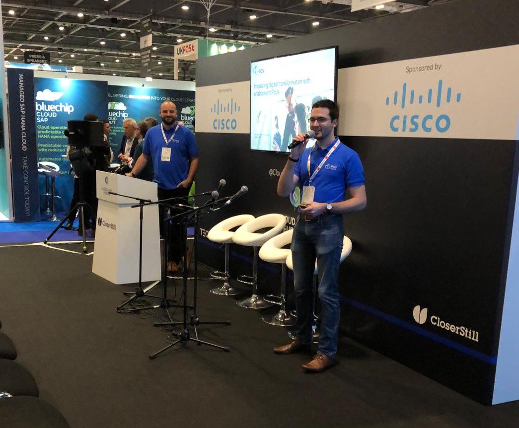 ECS_Digi's tweet photo. Michel Lebeau and Tom Chapman taking centre stage at this year's #CloudExpo to discuss 'Improving digital transformation with #Enablement Pods™'. Let us know if you managed to see the live talk! #DevOps #digitaltransformation https://t.co/xUsnY4wBJN