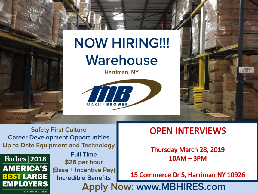 Come join <a href="/MBHires/">Martin Brower</a> at our upcoming #OpenInterviews session on March 28! We'd be pleased to meet you! #MBHires #careerfair #HiringNow #NowHiring #warehouse #openinterviews #warehousejobs #warehouseassociates #newyorkjobs