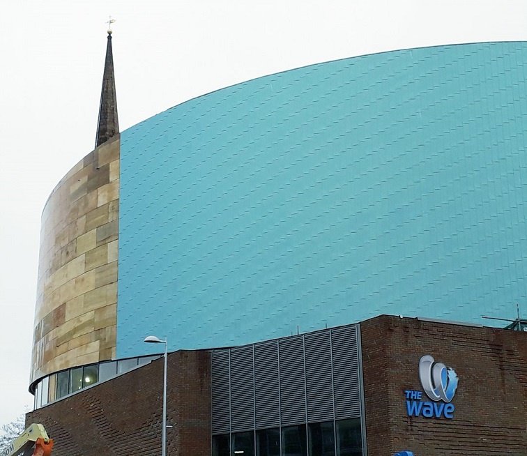 coventrycc's tweet photo. Hooray, the logo has appeared. Another step nearer the opening of The Wave, Coventry's new waterpark. #cityofsport #waveatthewave @covsport https://t.co/lj2PK3r3Gt