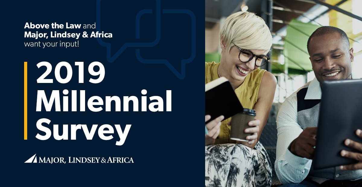 MLAGlobal's tweet photo. Have you taken Above the Law’s 3 millennial surveys yet? It’s not just for associates. Provide your insights now before the surveys close on 3/13.  https://t.co/Dkk1lutXhg https://t.co/dq5MUAnn8j