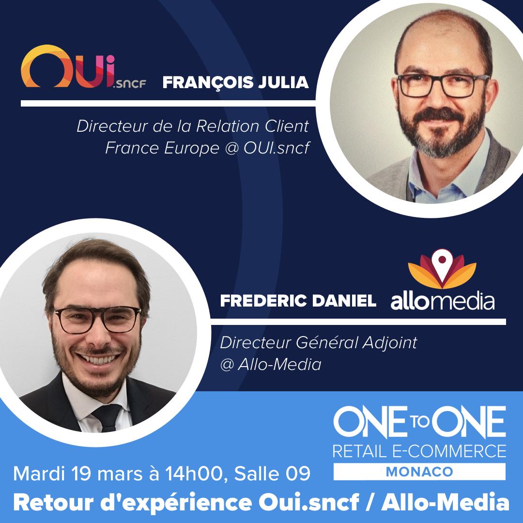#1to1Monaco J-7 ! Venez assister au retour d'expérience de F. Julia, DRC France Europe de OUI.sncf sur l'utilisation de notre solution, accompagné par F. Daniel, DGA d'Allo-Media.
📅 Mardi 19 Mars à 14h   📍Grimaldi Forum, salle 9
#VocalCookie #TeamAlloMedia