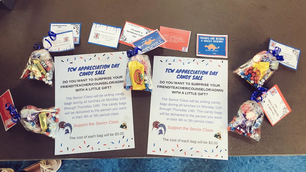 tcw2019's tweet photo. 🚨TCW APPRECIATION DAY gift bags available for sale all during all lunches! Only $3 for a bag of goodies to be delivered to a Titan you appreciate!🚨 https://t.co/RXX3Xb3ZXM
