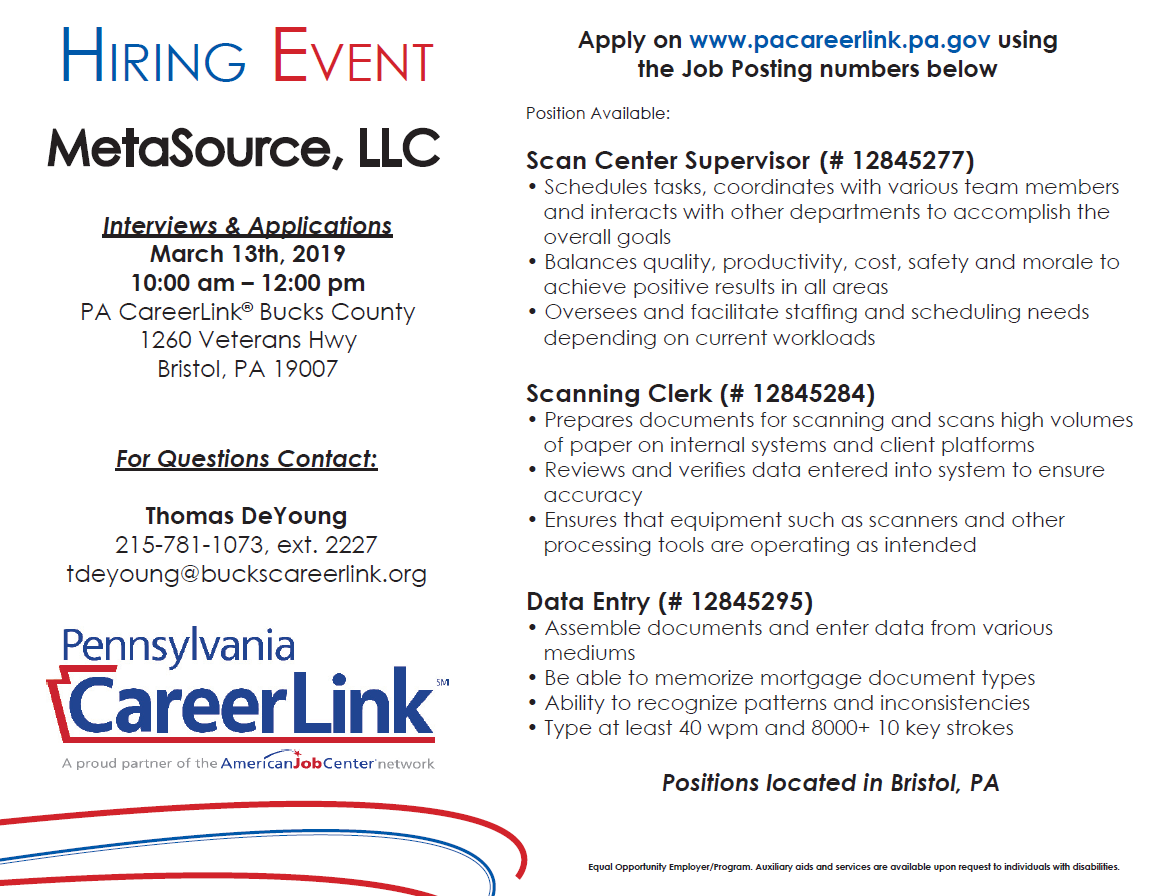 PACareerlinkBC's tweet image. Hiring Event! Tomorrow Wednesday, March 13th, Metasource, LLC will be at the PA CareerLink® Bucks County Bristol location from 10- 12 PM! Looking to fill multiple positions! Please see flyer below for more details!
#buckscounty #jobs #Metasource #Data