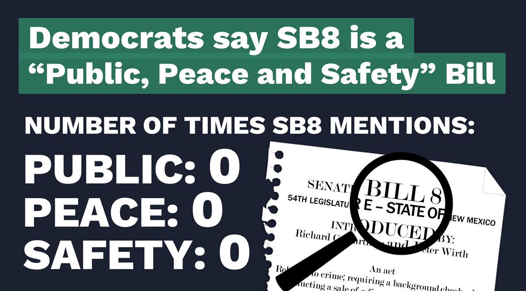 NMHouseGOP's tweet photo. Democrats are referring to SB8 as Public, Peace, and Safety legislation even though none of those words appear anywhere in the bill. 

One thing is clear: Democrats will do everything they can to prevent the voters from overturning this radical legislation #nmleg #nmpol https://t.co/6baJEFGHYm