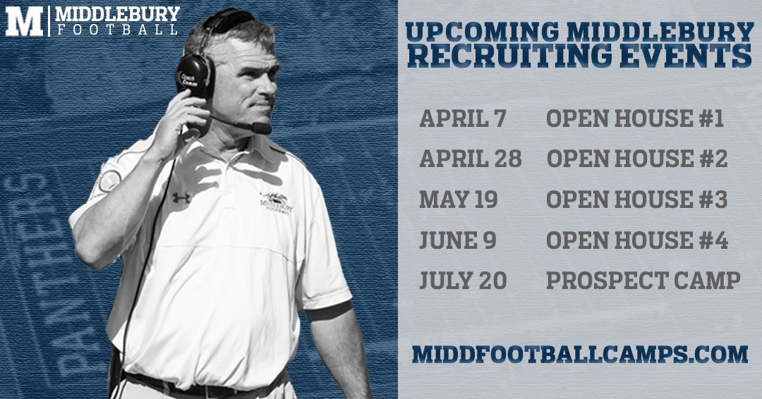 We have several recruiting events coming up in the next few months, including our first Open House on 4/7! We hope to see you at some of them!!! For more information, visit middfootballcamps.com #GoMidd
