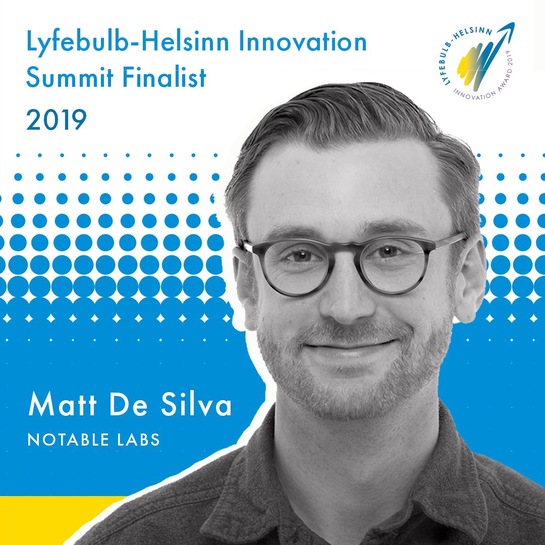 Lyfebulb's tweet photo. #LyfebulbHelsinnFinalist 
Matt De Silva, CEO and Founder of @notablelabs, strives to bring better #therapeutics to #cancer patients with personalized therapy selection. We salute Matt for taking his very personal family experience &amp; turning it into a business that helps us all! https://t.co/BeqbN8oRcp